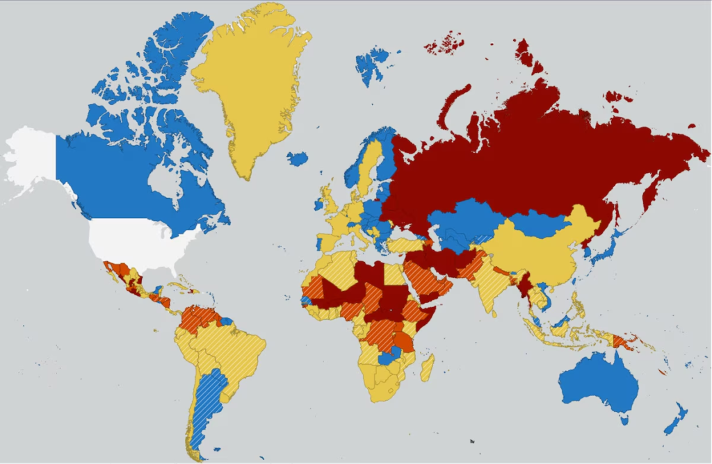El Departamento de Estado publicó un mapa interactivo sobre el nivel de riesgo para viaje según cada país. (travelmaps.state.gov)